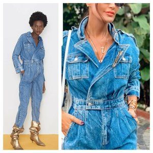ZARA HIGH RISE BLUE DENIM JEAN JUMPSUIT